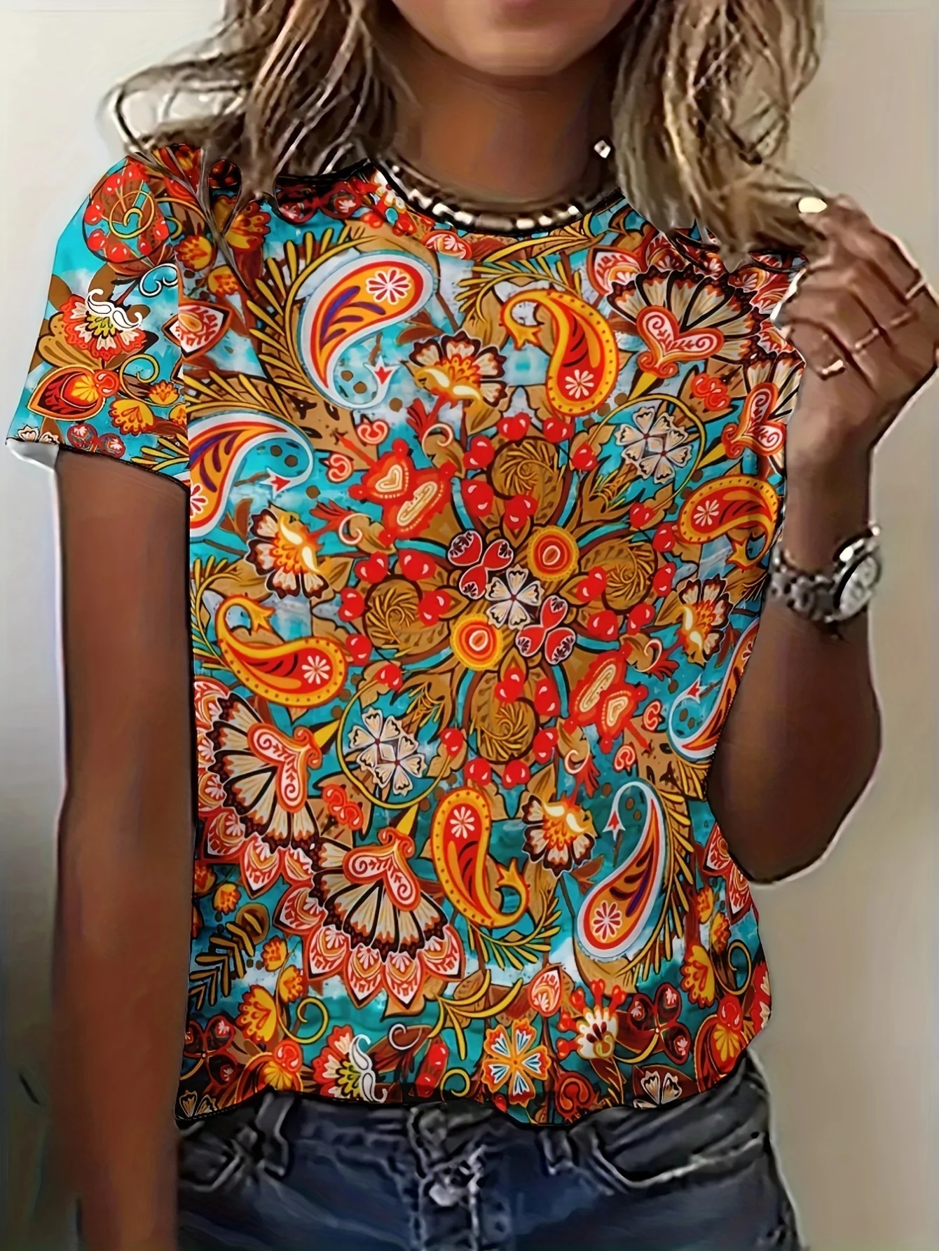 

Summer Fashion Ladies T Shirt Beautiful Floral Pattern Printed Tee Round Neck Short Sleeve Regular Tops Women's T-Shirt