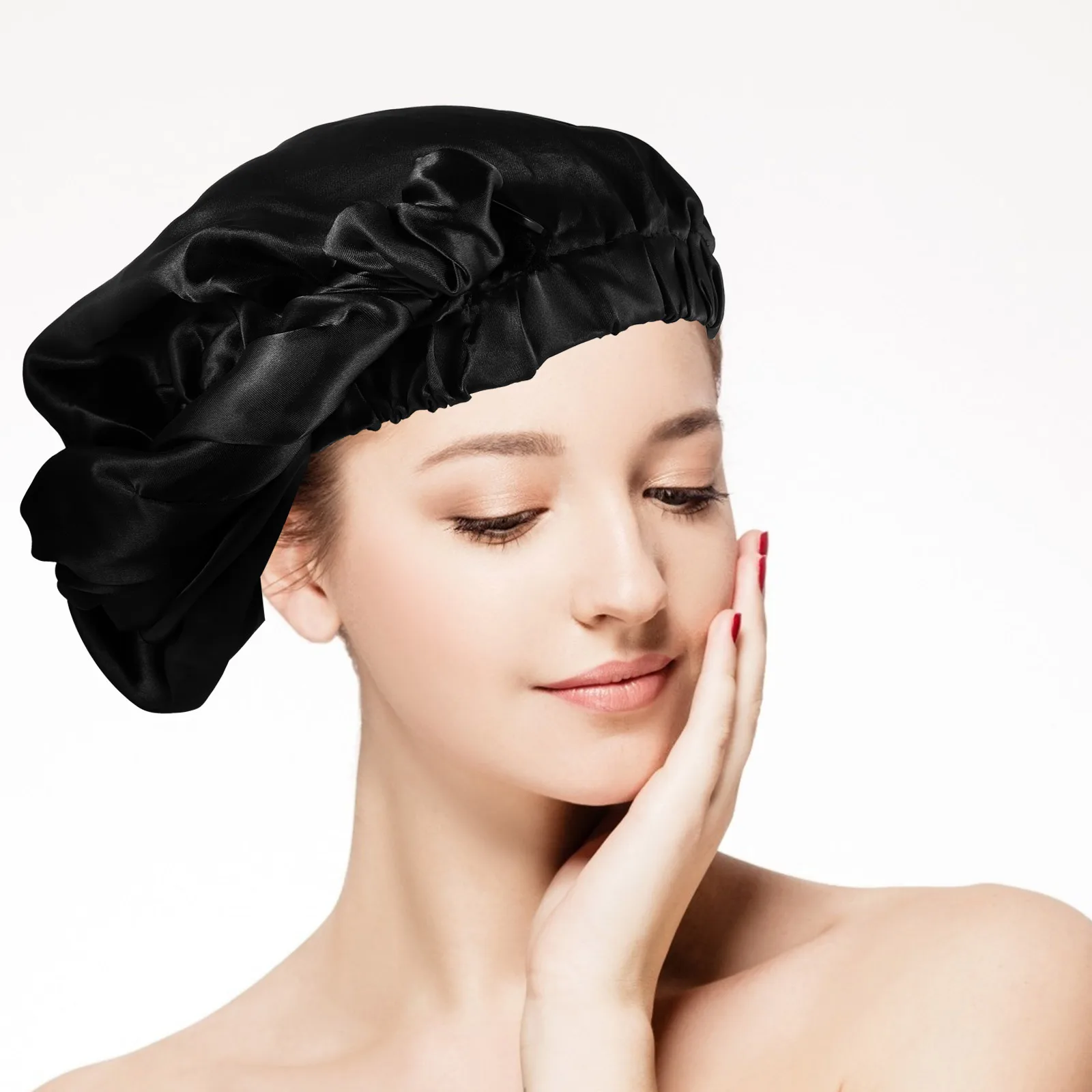 

2Pcs Satin Premium Hair Care Bonnets Women Sleep Caps Hats Durable Large Size Shower Caps House Use