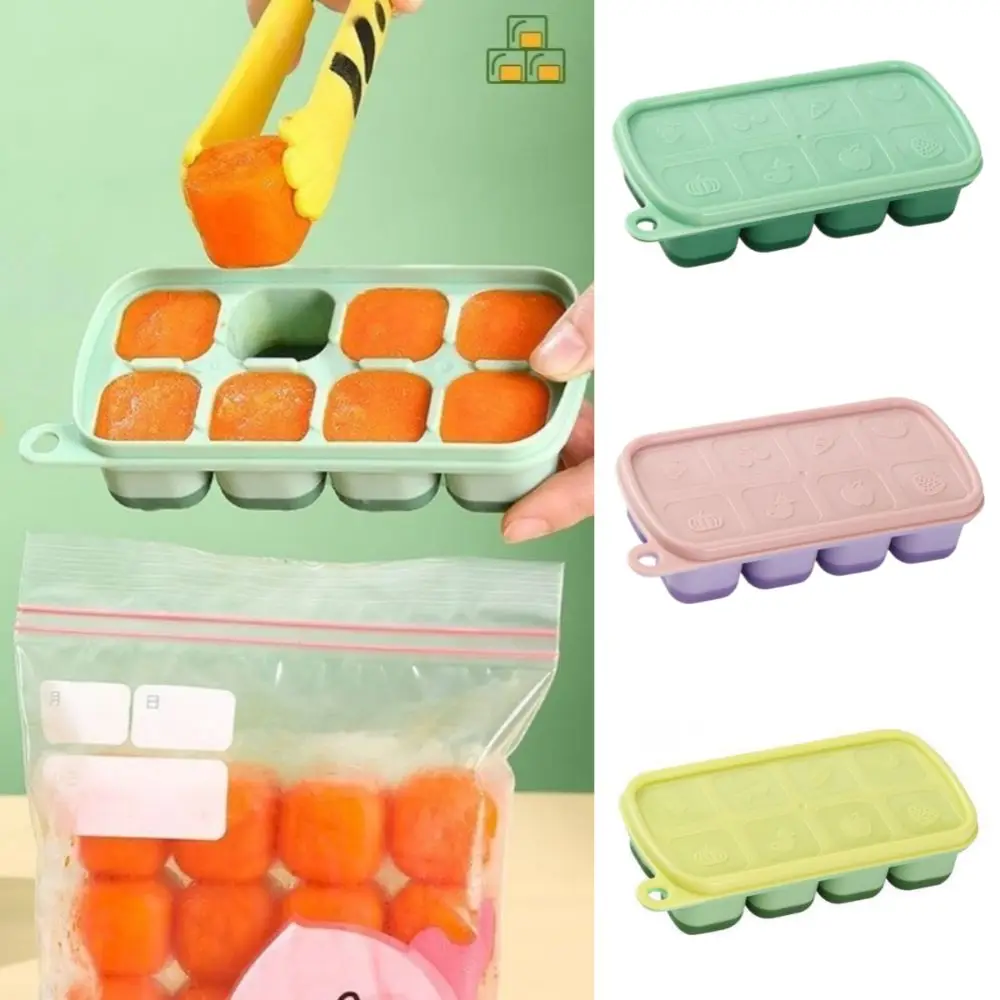 New Food Grade Silicone Ice Making Mold 8 Grid With Lid Ice Cube Mould Cartoon Pattern Ice Storage Boxes Kitchen Use