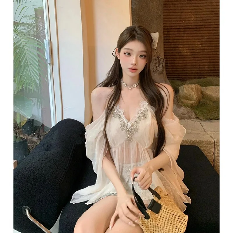 Shoulder Bared V-Neck Lace Trim Mesh Tank Top Women's High-End Sensation Short Style T-Shirt Korean Style Loose Fit Commute