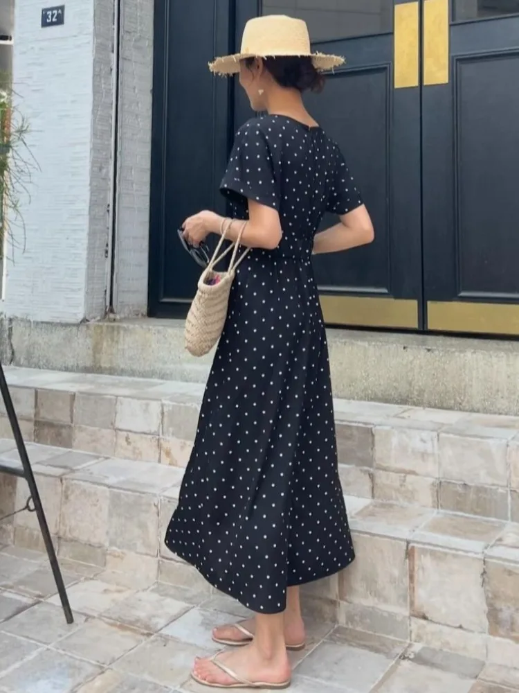 South korea Chic Summer Retro Age-Reducing round Neck Slim fit Slimming Mid-Length Side Slit Short sleeve Polka Dot Dress Women