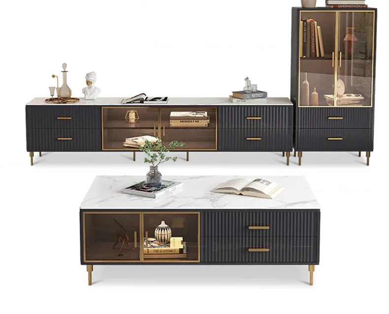 

Hot Sales Modern Luxury Living Room Furniture Set Solid Wood Round Coffee Table With Golden Metal Frame For Villa