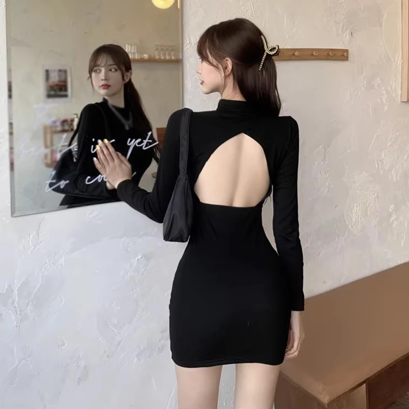 

Elegant Backless Black Women Mini Dress Spring Autumn Fashion Half High Collar Long Sleeve Bodycon Dresses Party Evening Robes