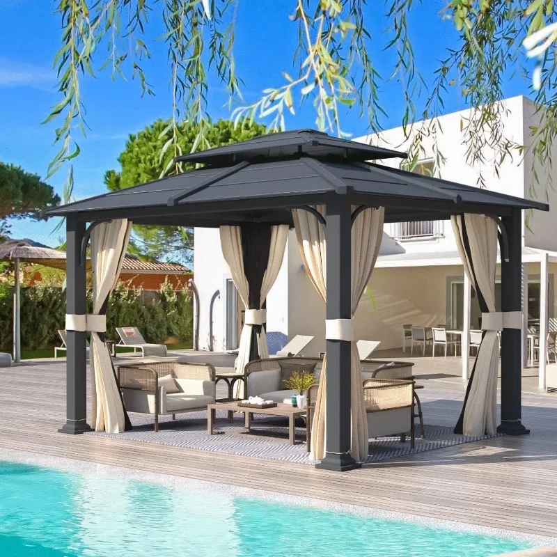 10'x12' Gazebo with Galvanized Steel Roof, Hardtop Double Roof with Anti-Rust Coating, Sunshade for Gardens, Lawns, Deck