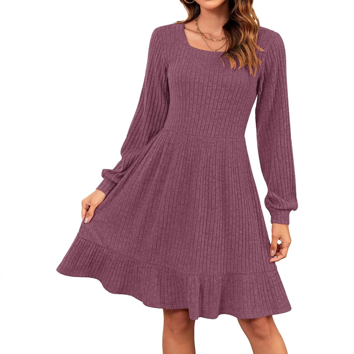 

Осеннее модное женское однотонное трикотажное платье трапециевидной формы с квадратным вырезом и длинными рукавами до колена 202, женская одежда