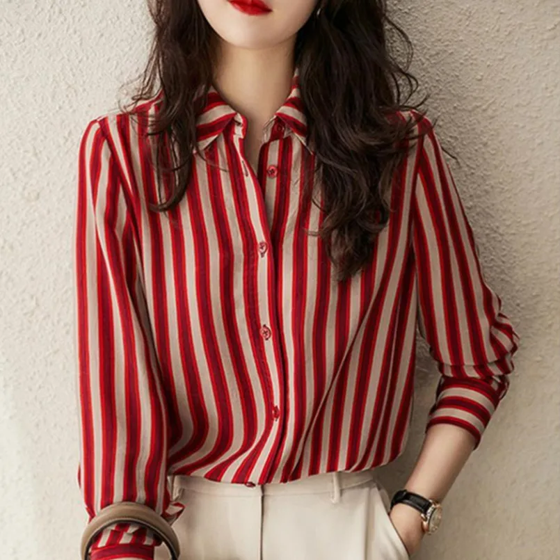 Red Striped Shirt for Women\'s 2024 Spring/summer New French High-end Design Temperament Versatile Casual Shirt