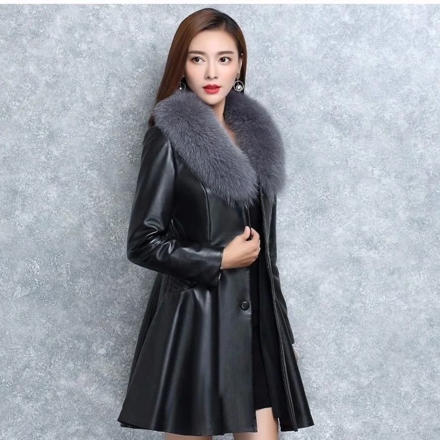 New Women's PU Leather Jacket For Autumn Winter Slim Big Fur Collar Long Leather Coat Female Outerwear