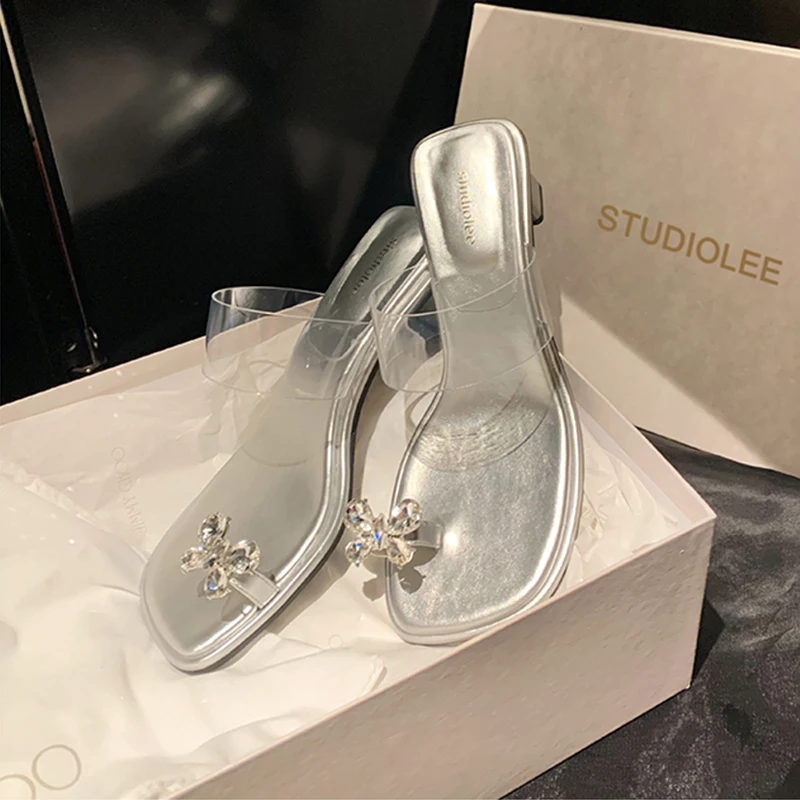 

Silver Crystal Pinch Toe Sandals Fashion Outdoor Thick Heel Women Shoes Summer Solid Slingback Slippers Zapatos Mujer