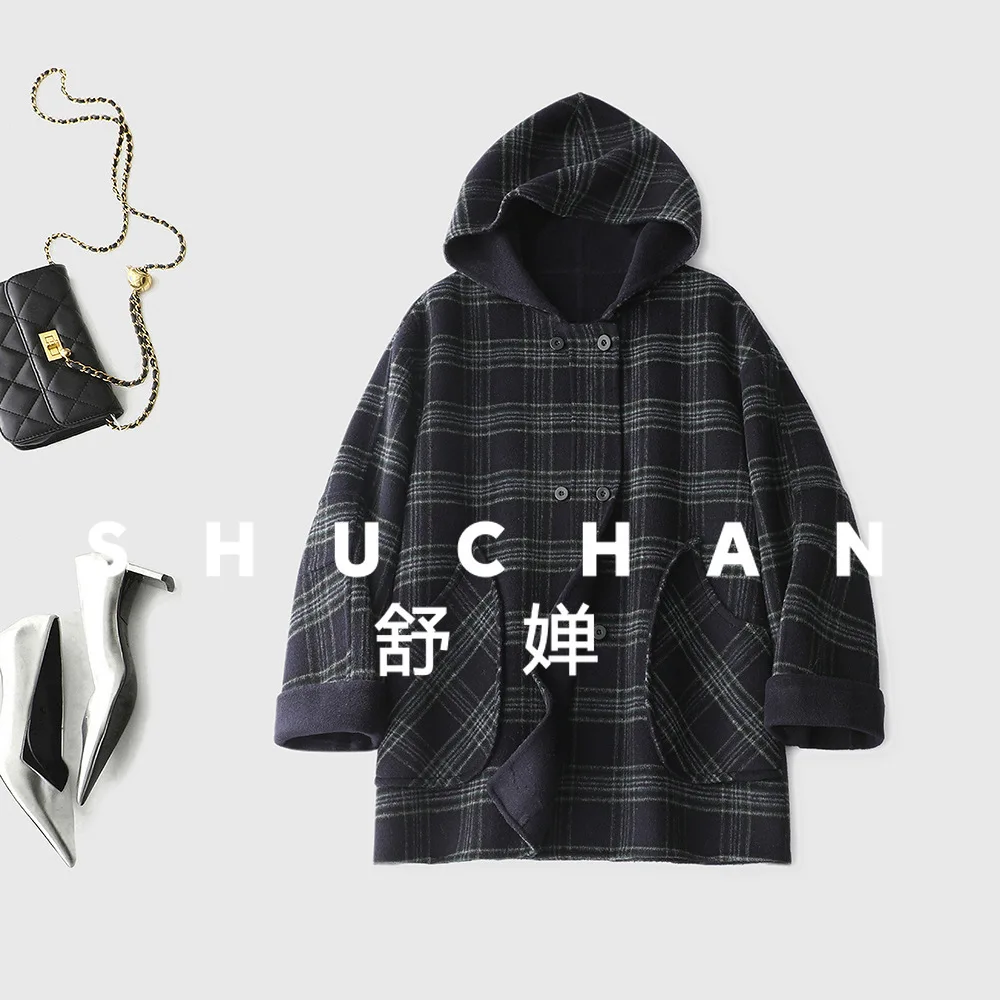 Korean Plaid Hemming Hooded Double-sided Tweed Coat Women Lazy Retro Casacos Femininos Inverno 2025