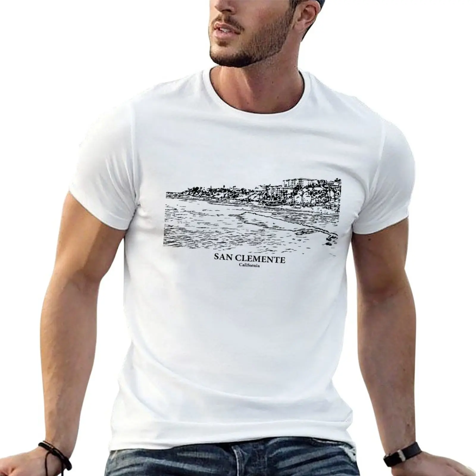 Camiseta masculina San Clemente - California, camiseta de algodão pesado, camiseta 100% algodão, camiseta essencial