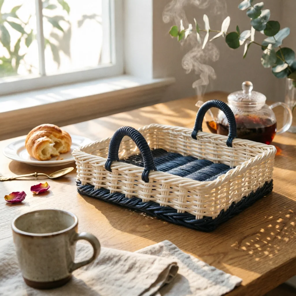 Braided Rattan Home Storage Tray Handcrafted Rectangular Open Top Basket for Kitchen and Living Areas