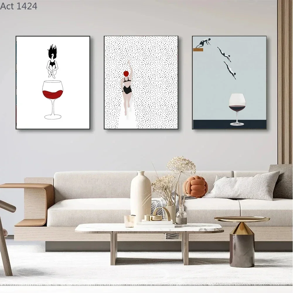 Abstract Woman Jumping Wine Glass Art Poster Diving Swimming Wall Art Picture Canvas Print Painting Living Room Decor Home De