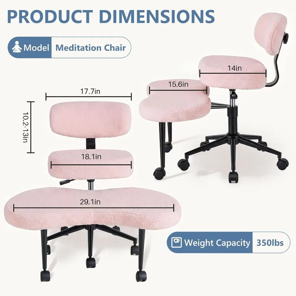 Ergonomic Cross Legged Office Chair with Adjustable Backrest, Height Adjustable Meditation Chair with 360° Swivel Footstool, Teddy Fabric Yoga Stool for Home Office, Pink