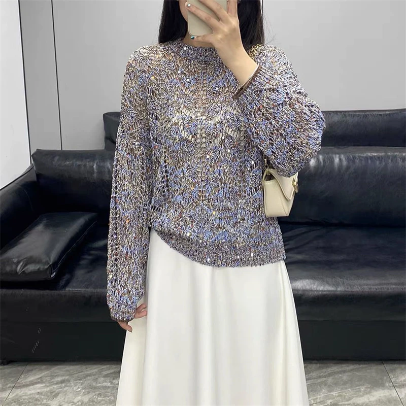 Autumn New Women's Round Neck Retro Sequin Mixed Color Long Sleeve Knit Sweater High Quality Fashion Crochet Hollow Out Pullover