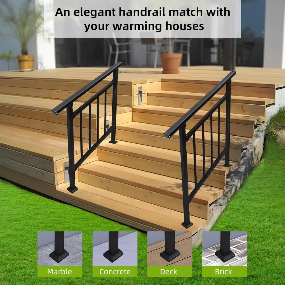 2-in-1 3 Step Stair&Horizontal Handrail Outdoor,Black Wrought Iron Handrails for Outdoor Steps,Porch Railing,Installation Kit
