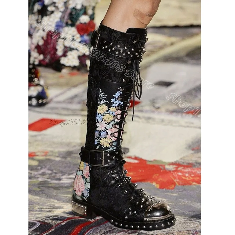 Black Rivet Decor Embroider Boots Round Toe Lace up New Fashion Party Dress British Style Women Knee Boots Zapatos Para Mujere