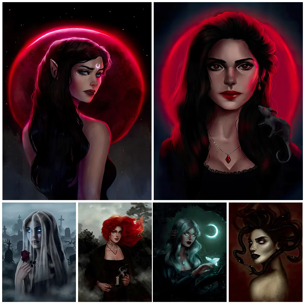 

Magical Moth And Blood Moon Priestess Vintage Wall Art Canvas Painting Medusa Witch Retro Poster print Home Decoration Unframed