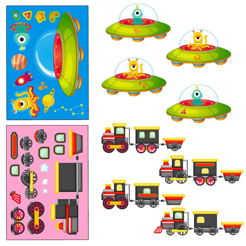 Cartoon Engineering Vehicle Puzzles Stickers For Children Kids Toddlers Freely Paste Assemble Ships Spacecraft Cars DIY Stickers