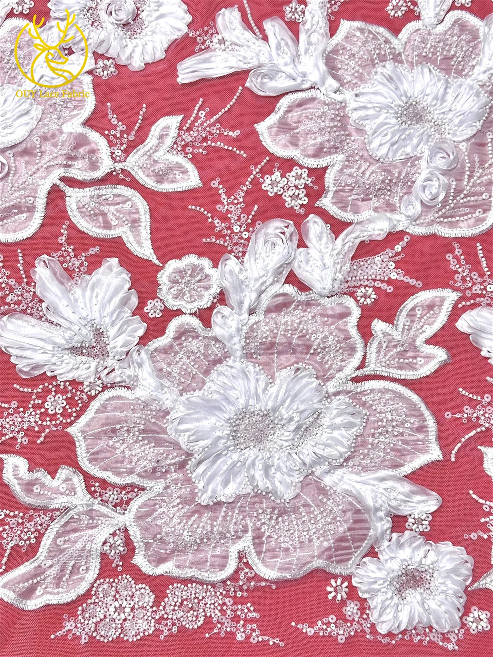 Marineblauer, wunderschöner afrikanischer Spitzenstoff mit Perlen und Pailletten, 3D-Blume, nigerianischer hochwertiger Tüll-Mesh-Spitzenstoff für Ballkleider, 5Y – Detail 13