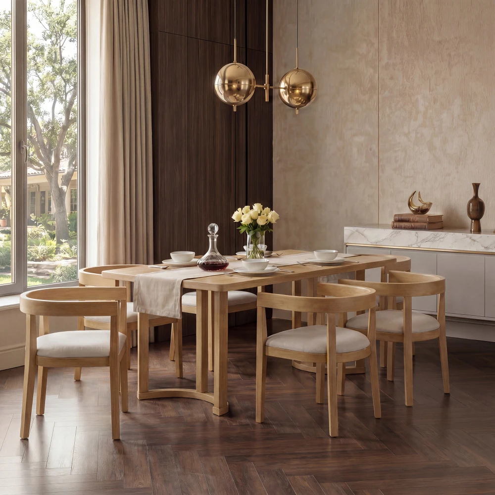 7 Piece Dining Table Set for 6 People Rectangular Wood Grain Dining Table with 6 Upholstered Barrel-Back Chairs Curved Back Padded Seat Kitchen Dining Room Furniture