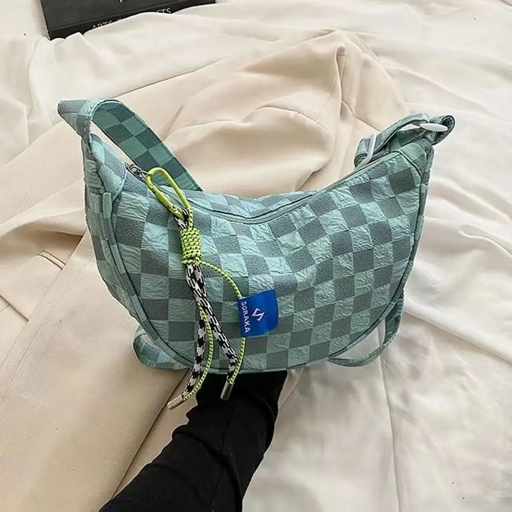 Dumpling Shape Half Moon Messenger Bag Personality Large Capacity Grid Plaid Crossbody Shoulder Bag Nylon Ins Style Shopping