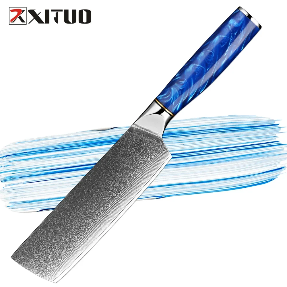 

Professional Kitchen Knife 7Inch Damascus Nakiri Knife Sharp Chef Knives Meat Cleaver Vegetable Chopping Knife Blue Resin Handle