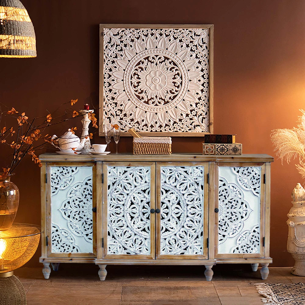 4-Door Hollow-Carved Accent Cabinet, Distressed Wood Storage Cabinet Cupboard for Kitchen, Dining Room, Living Room, Entryway