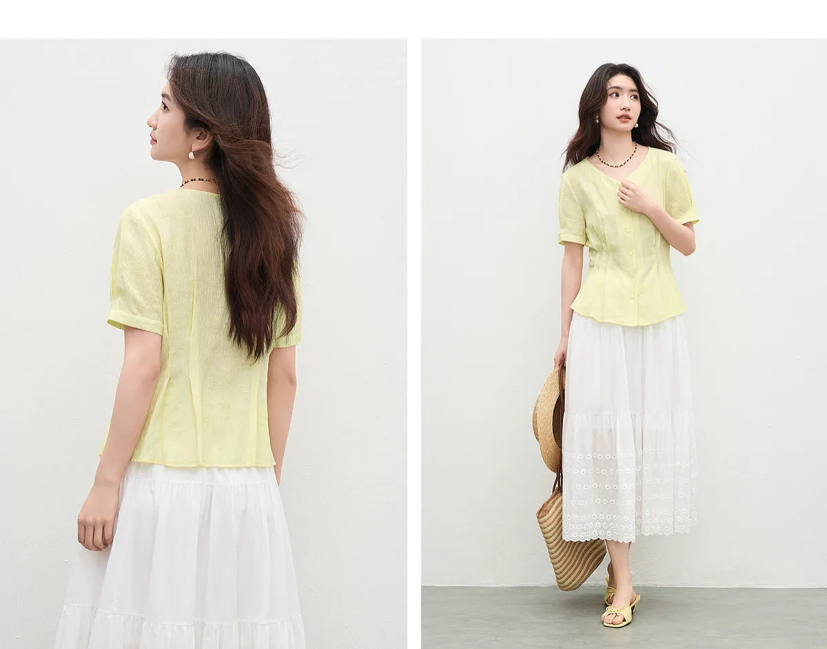 SENTUBILA Casual V-Ausschnitt Strukturierte Chiffon-Bluse für Damen 2026 Sommer Plissierte Taille Laternenärmel Hemd 162VA6625 – Detail 25