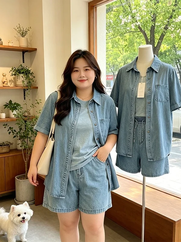 

plus Size Casual Style Denim Shirt Shorts Set Women's Summer New Fashion Elastic Waist Belted Two Piece Set Korean Loose Fit