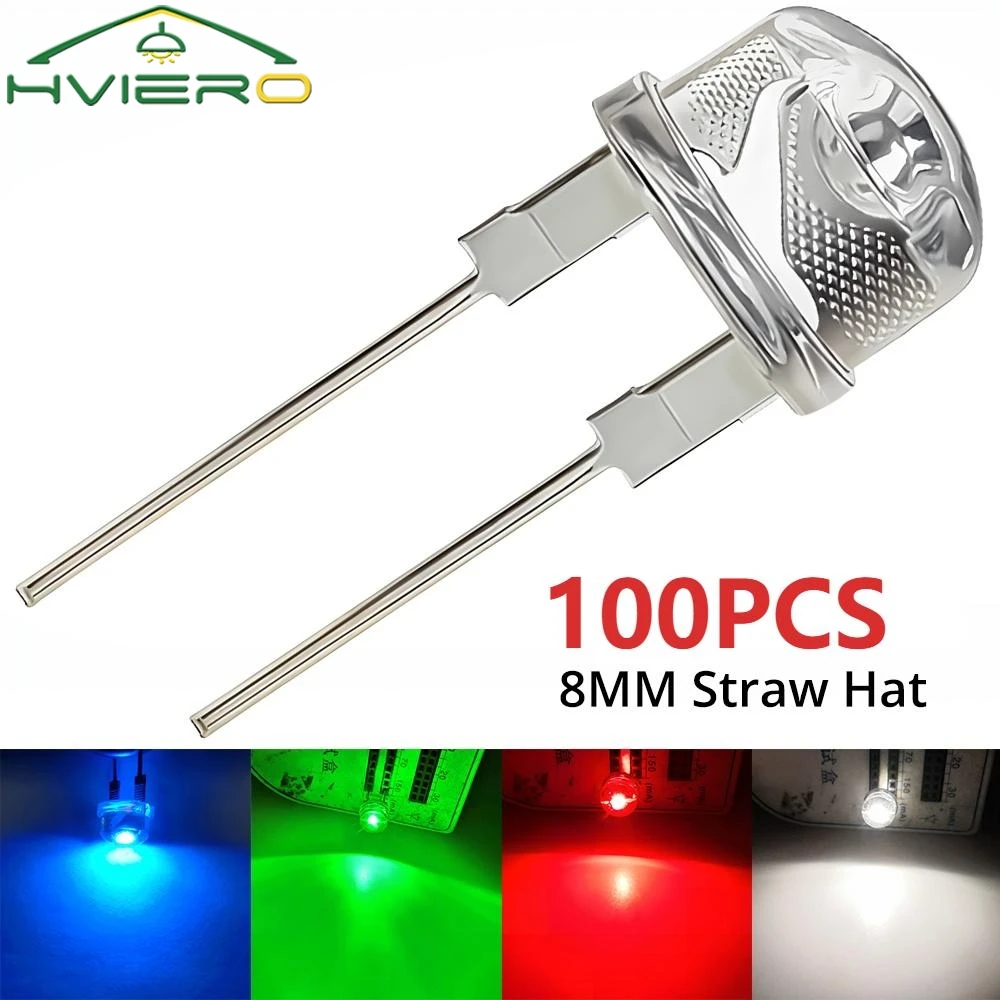 100 pièces 8mm chapeau de paille lampe perle LED blanc rouge jaune bleu vert Super lumineux Diode puissance lumière 3.4 ~ 3.6V ampoule émettant décoration
