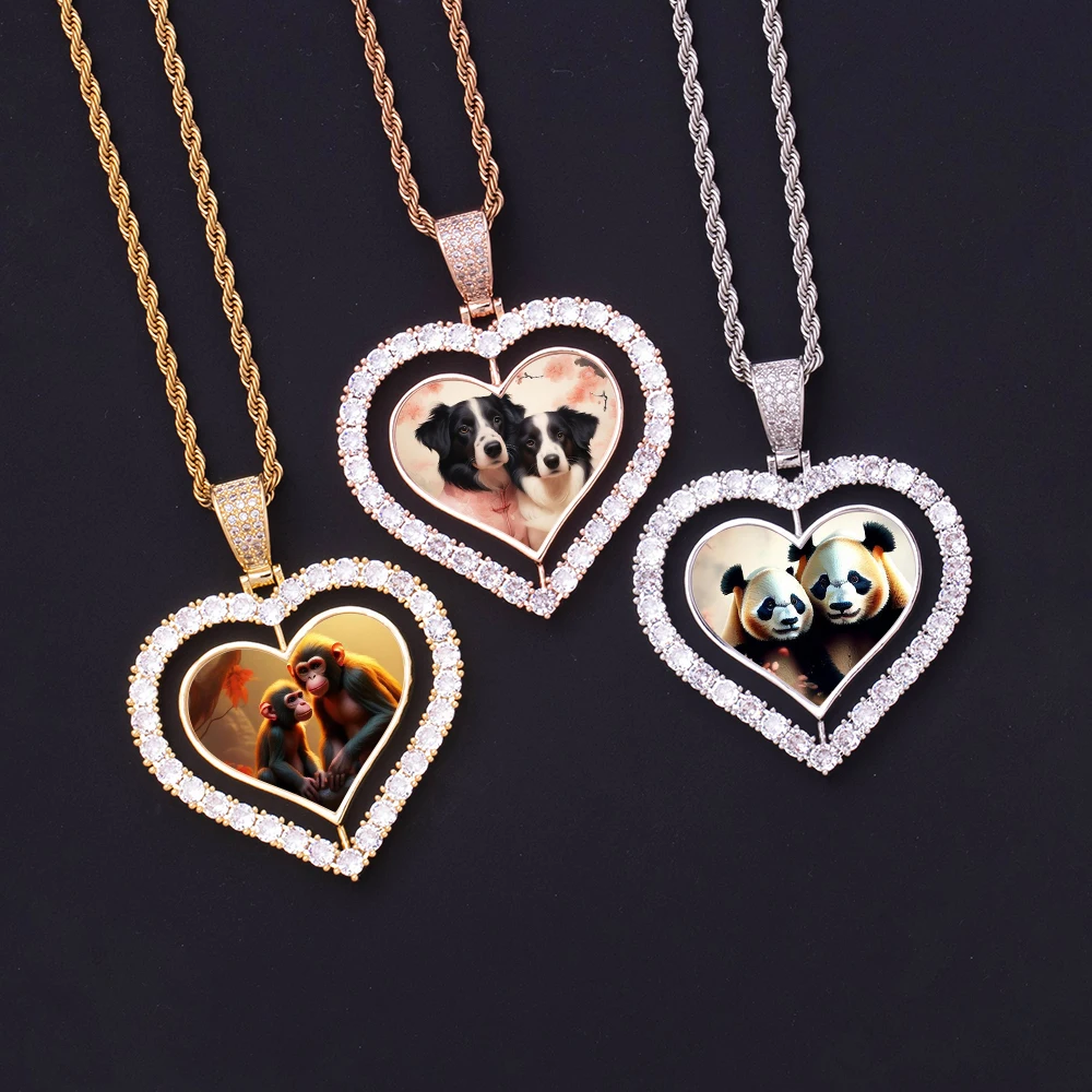 Fashion Hip Hop Rotating Double Side Zircon Heart Photo Pendant Iced Out Rotatable Heart Pendants Picture Frame Necklace Jewelry