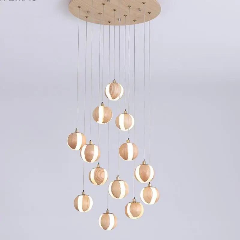 Stair Wood Ball pendant Chandeliers wooden bead LED Hanging Lamp For Kitchen Dining Room led ceiling Chandelier fixture Lamparas