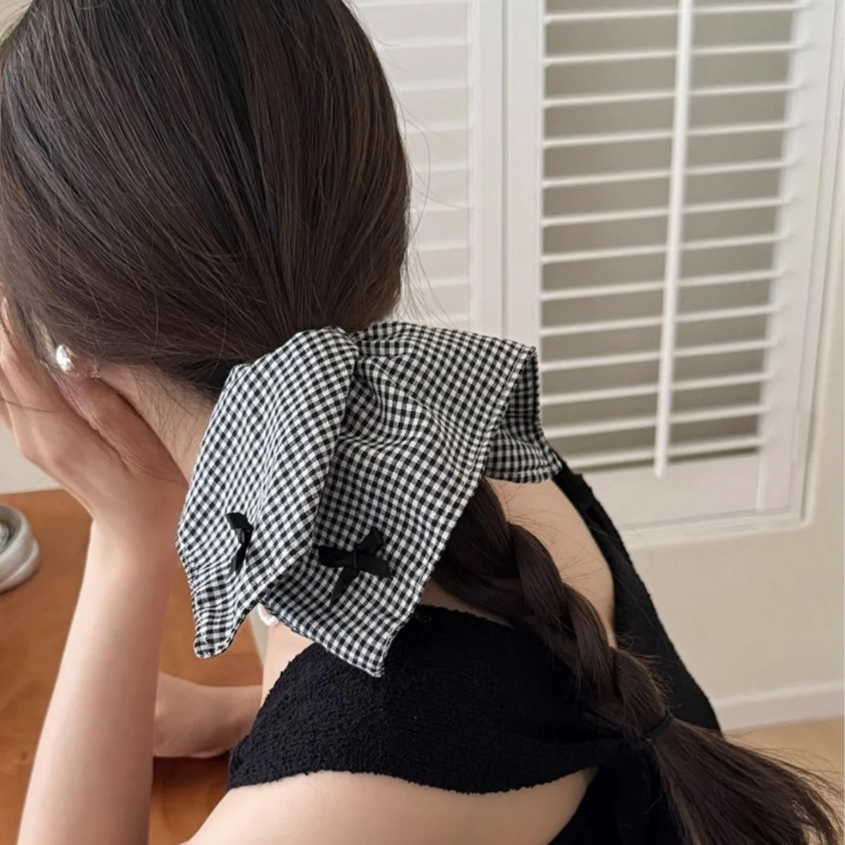 

Square Large Black White Checkered Striated Leopard Print Bowknot Heart Intestine Hair Ties for Women Fashion Temperament Scarf