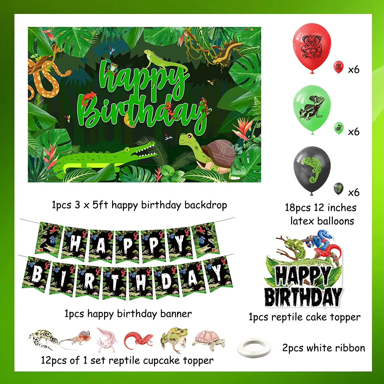 Reptile Birthday Party Decorations Reptile Swamp Happy Birthday Banner Backdrop Balloons Animals Lizard Snake Cake Toppers