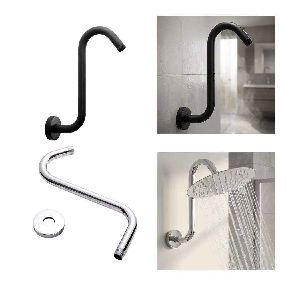 10 Inch S Shaped Gooseneck Shower Arm Extension With Flange 304 Stainless Steel Black Silver For Bathroom Rain Shower Head Fixtu