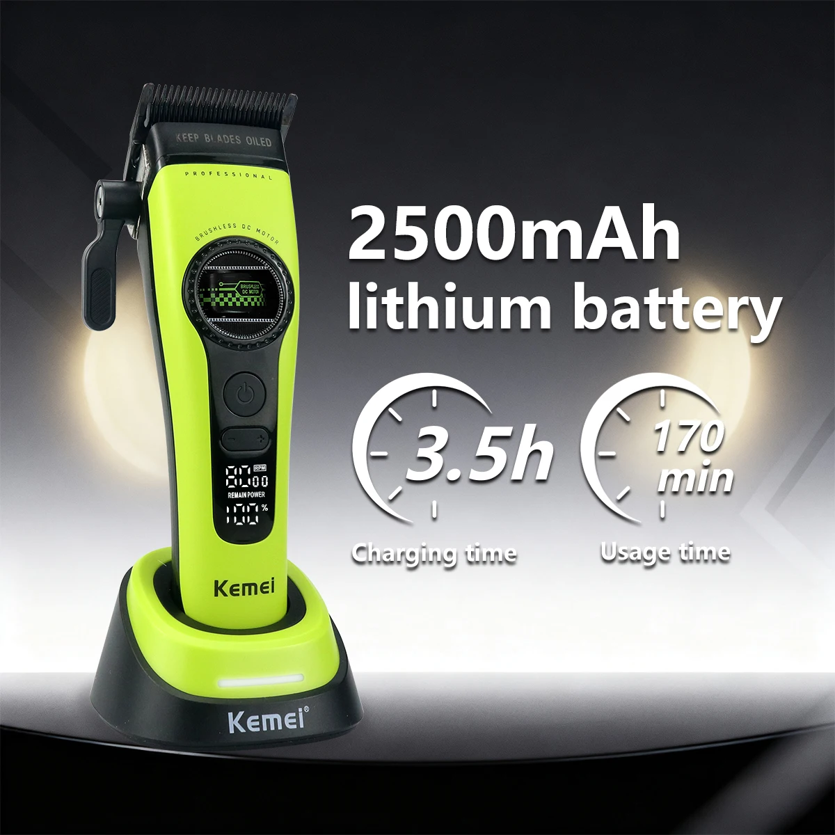 KEMEI KM-1593 External Rotor Brushless Motor Professional Men's Hair Clipper DLC 8000RPM Base Charger Hair Cutting Machine