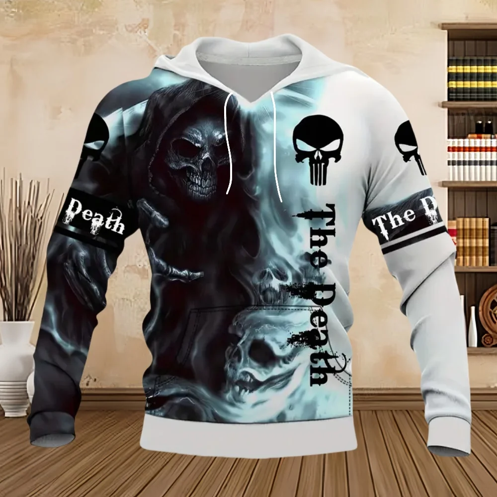 Fashion Men Hoodies Four Seasons Vintage Skull 3D Print Pullover Sweatshirts Men Comforts Kangaroo Pocket Y2k Hoodies Clothing