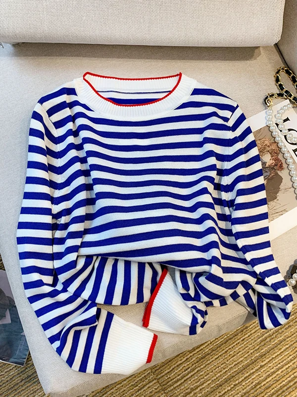 

Women's Thiened Stripe Sweater Faionable Color Blo Autumn Winter New Arrival Korean Sle Straight Cut Long Sve roun...