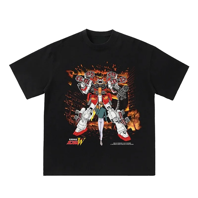 

Мобильный костюм японского ретро-аниме Gundam с короткими рукавами, тяжелая повседневная свободная футболка из чистого хлопка из чистого хлопка, летний стиль для пары