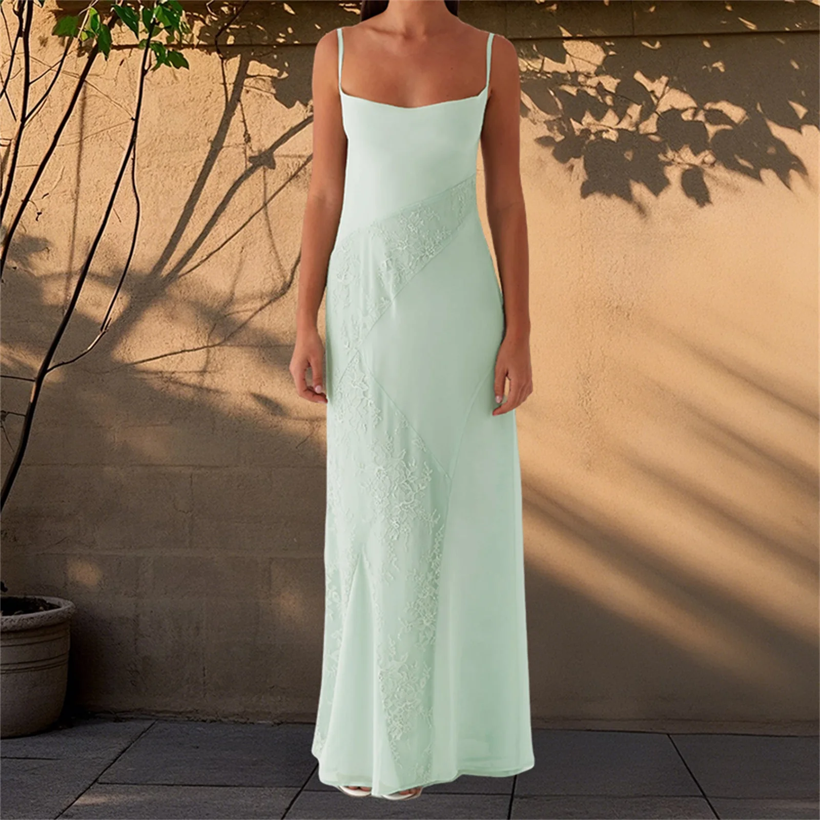 Vestido largo de mujer de encaje de retazos sin mangas vestido camisola de verano con lazo sin espalda vestido de tirantes finos