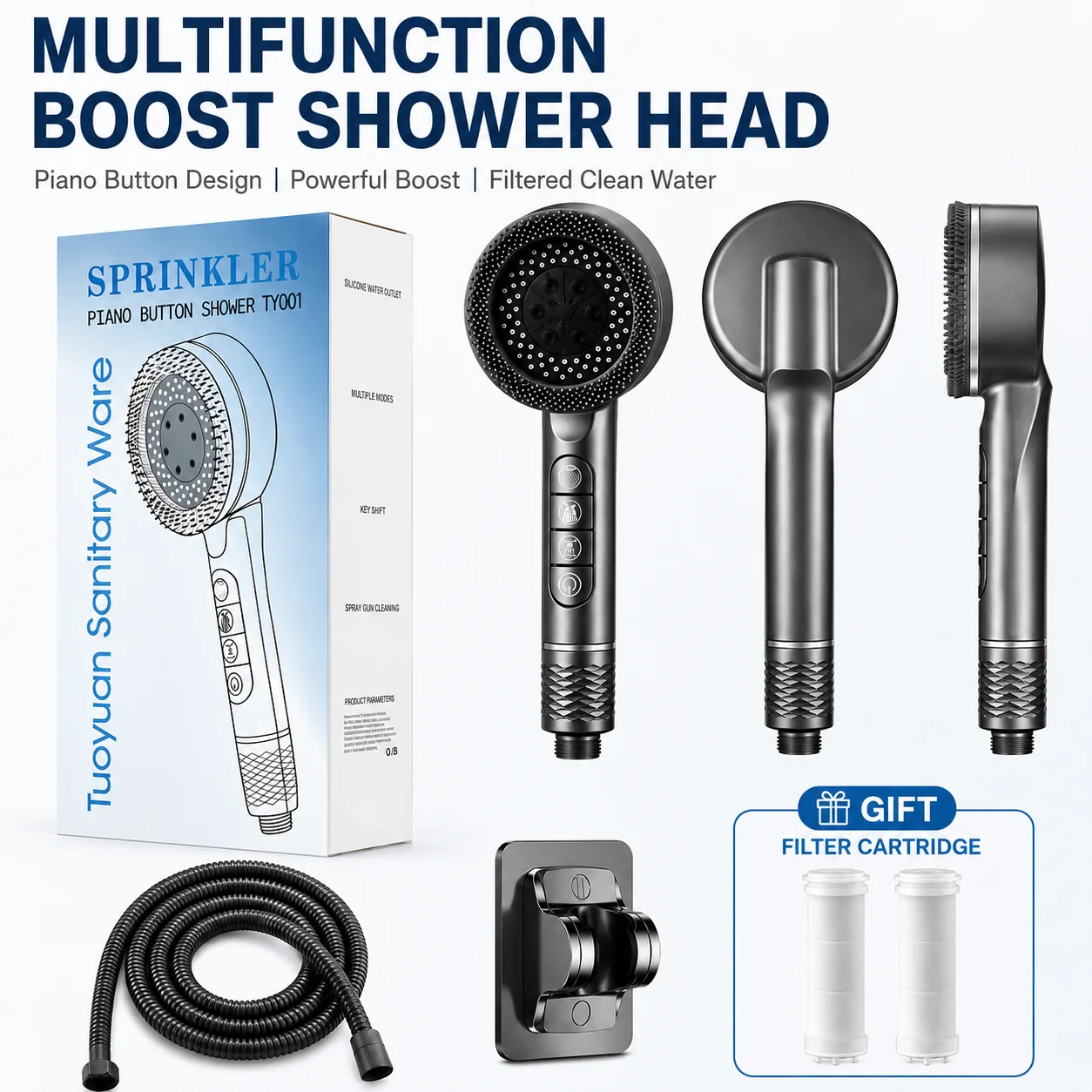 Multifunction Piano‑Button High Pressure Handheld Shower Head,4‑Mode Filtered Shower Sprayer with Hose & Wall Mount