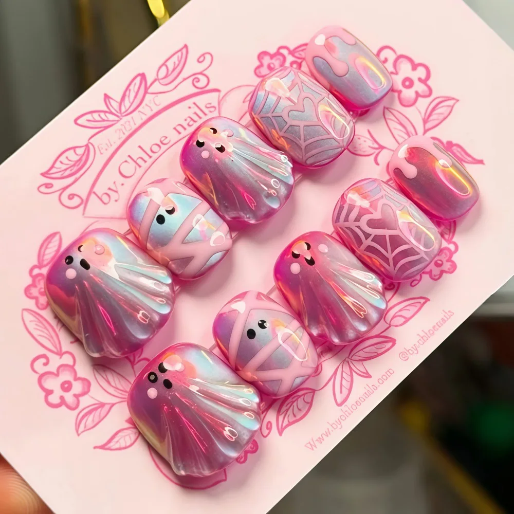 

30pcs Cute and Cuddly Ghost Cat-Eye Press on Nails Sweet Girl Heart-Shaped Spider Web Mummy Fake Nail Pink Venom False Nail