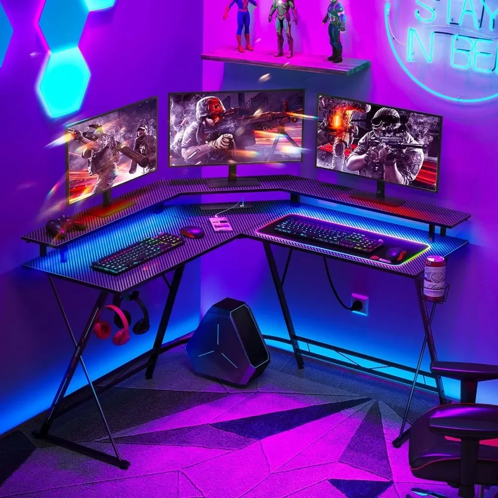 Computer Desk With Monitor Stand & Carbon Fiber Surface L Shaped Gaming Desk With LED Lights & Power Outlets Office Desks