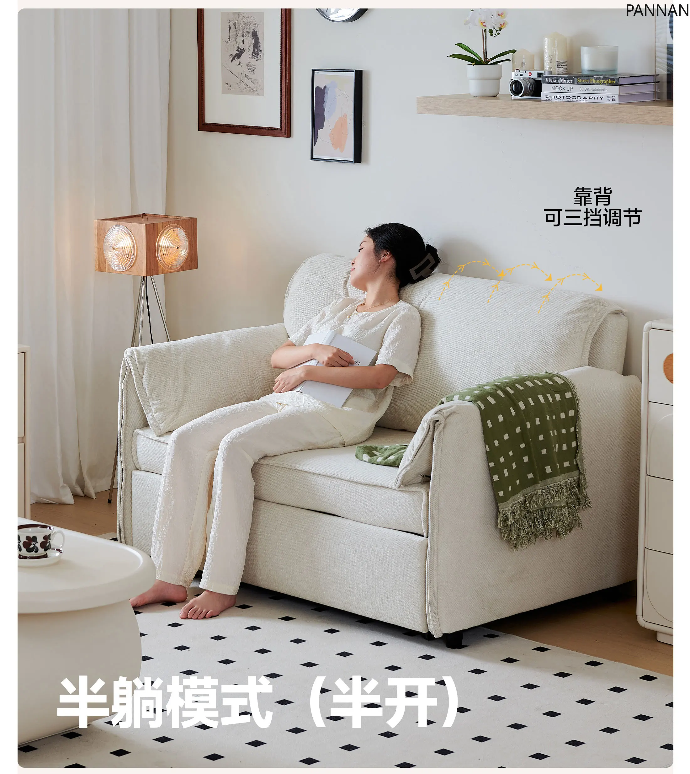 

Fabric sofa small apartment living room foldable straight row cream wind cotton and linen sofa bed