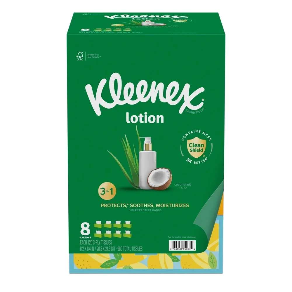 Lotion Facial Tissues 3-Ply with Coconut Oil Aloe Moisturizing 960 Tissues 8 Flat Boxes Clean Shield Technology Skin Protection