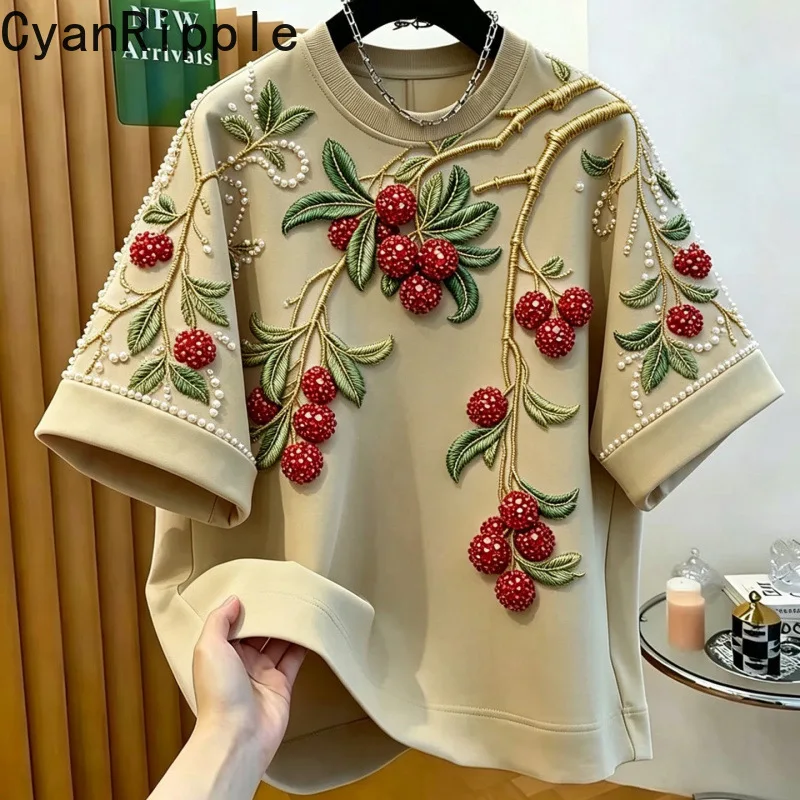 2026 New Spring Summer Round Neck Women Pullover Top Luxury Beads Casual Short Sleeve Tees All-match Female Casual Basic T-shirt