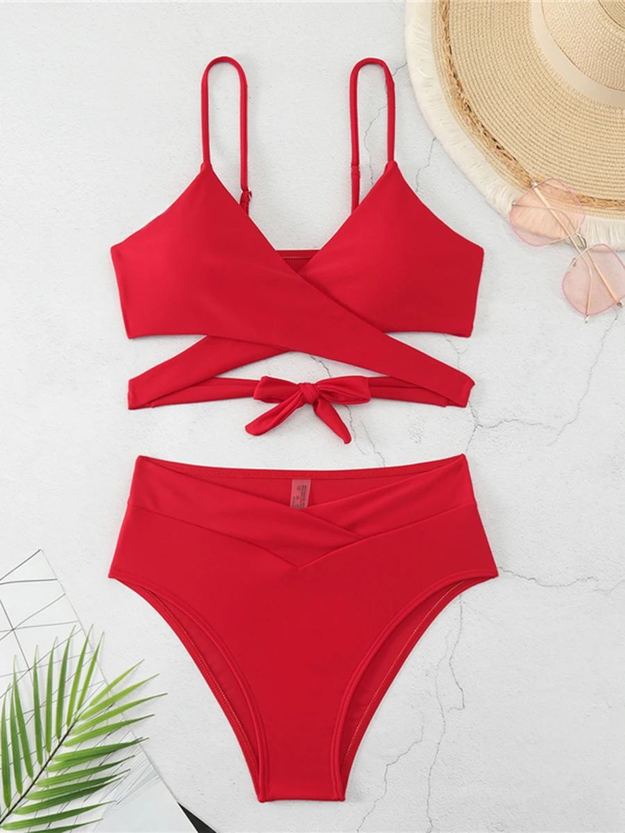 2024 V Neck Cross String Two Piece High Waist Bikini Swimsuit Women Swimwear Female Bather Bathing Swimming Swim Suit Beachwear