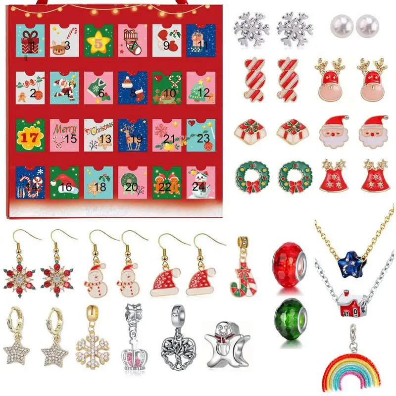 2022 Christmas Advent Calendar Necklace Earrings Set Christmas Calendar Countdown Kit DIY Jewelry Making Kit Girl Christmas Gift