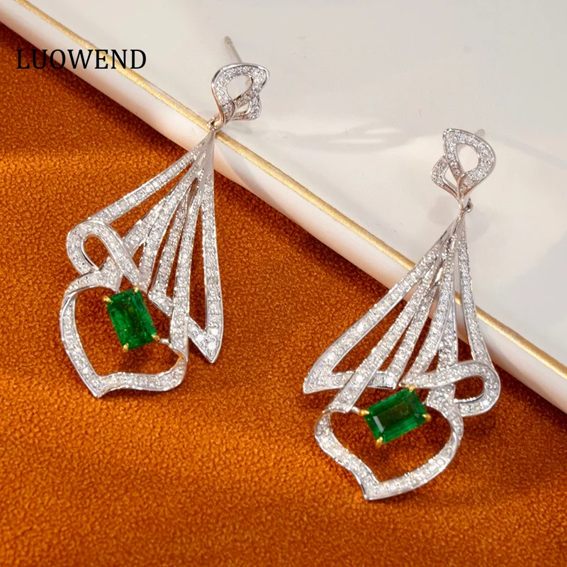 LUOWEND 18K White&Yellow Gold Earrings Luxury Skirt Design Real Natural Diamond&Emerald Drop Earrings for Women Senior Banquet