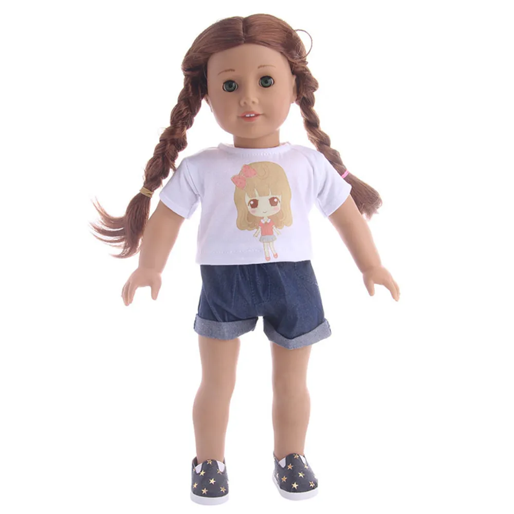 Cute Cat Animal T-shirt+shorts Clothes Set Fit for American 18 Inch Girl Doll & 43CM Baby New Born OG Toy Doll Canvas Doll Shoes